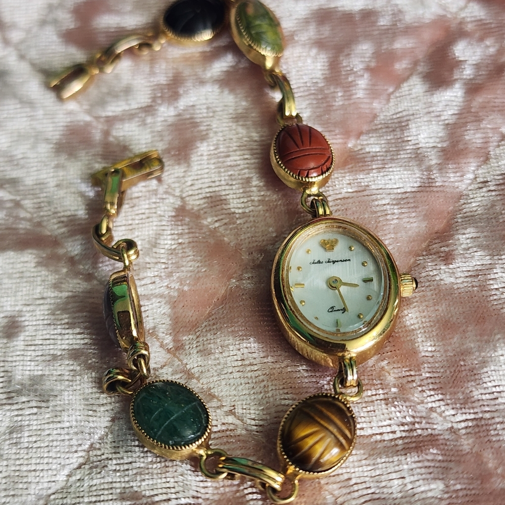 Vintage Jules Jurgensen Watch Women 16mm Gold Tone MOP Scarab No Battery